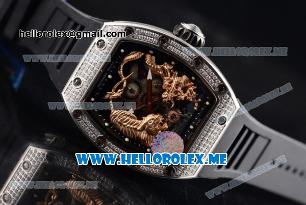 Richard Mille RM 51-01 Tourbillon Tiger and Dragon Asia Manual Winding Steel Case with Seleton Dial and Black Rubber Strap Diamonds Bezel - Click Image to Close
